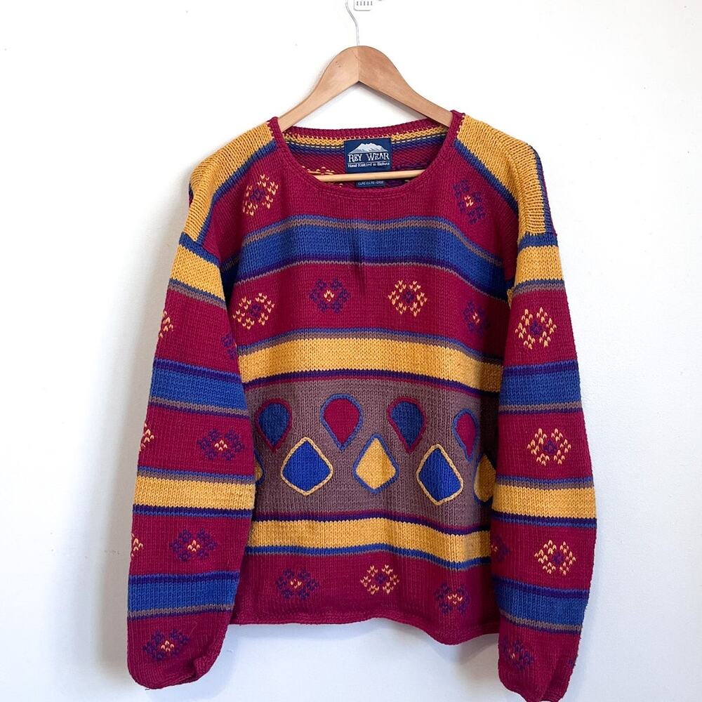 Vintage Rey Wear Womens Sweater Size‎ M/L Striped Hand Knit Southwestern Chunky